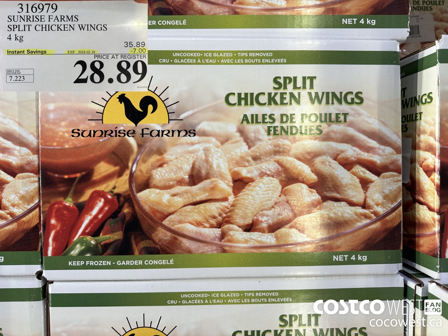 316979 SUNRISE FARMS SPLIT CHICKEN WINGS 4 kg ($7.00 INSTANT SAVINGS EXPIRES ON 2024-02-18) $28.89