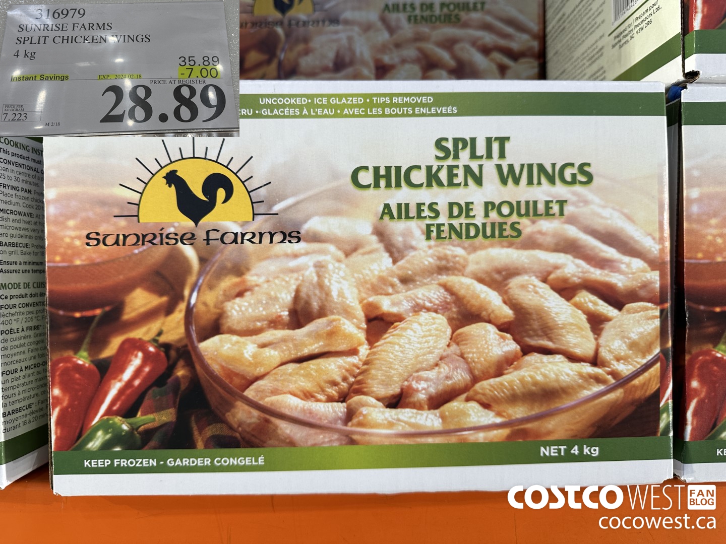 316979 SUNRISE FARMS SPLIT CHICKEN WINGS 4 kg ($7.00 INSTANT SAVINGS EXPIRES ON 2024-02-18) $28.89
