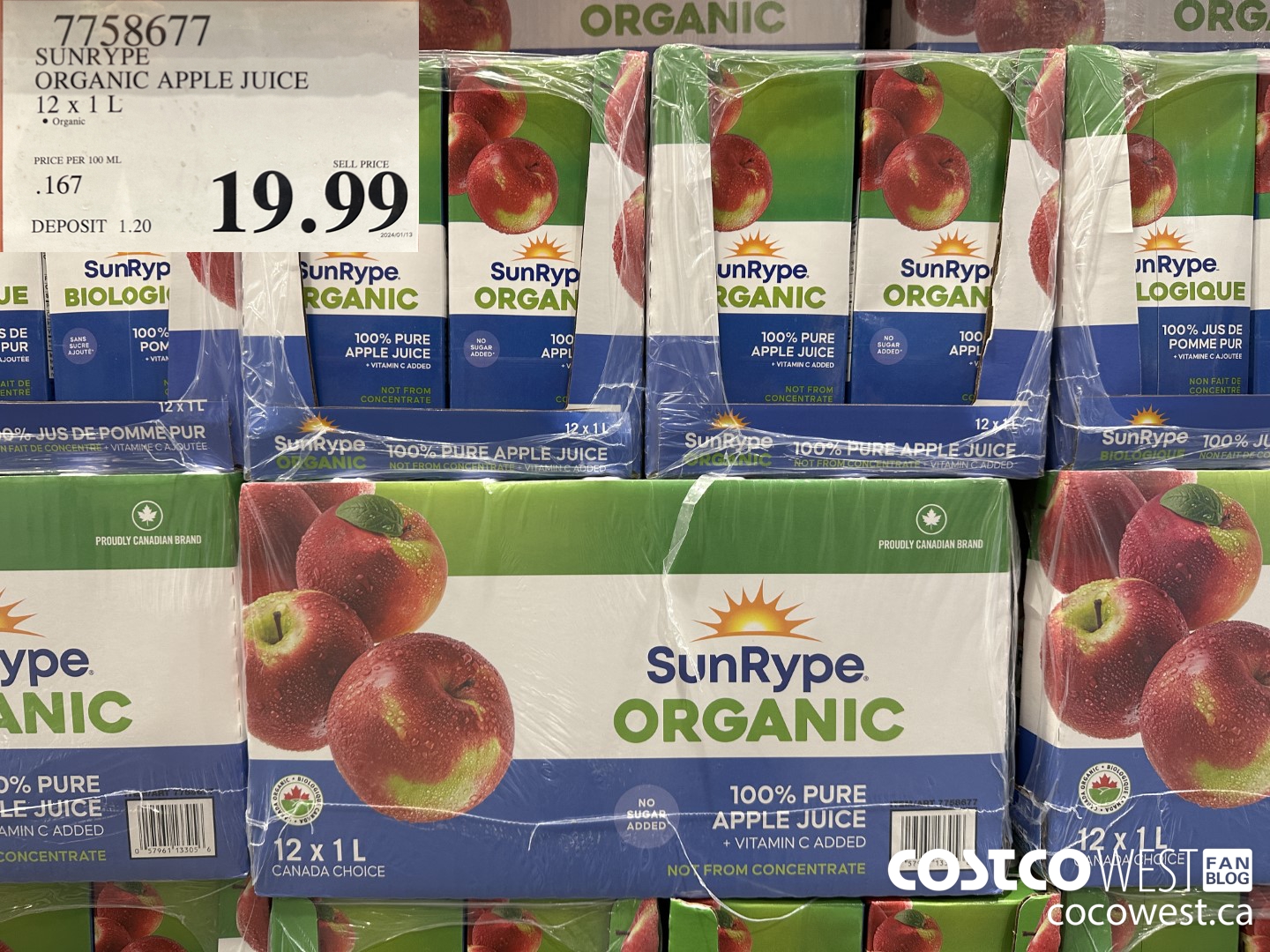 7758677 SUNRYPE ORGANIC APPLE JUICE 12 x 1 L $19.99