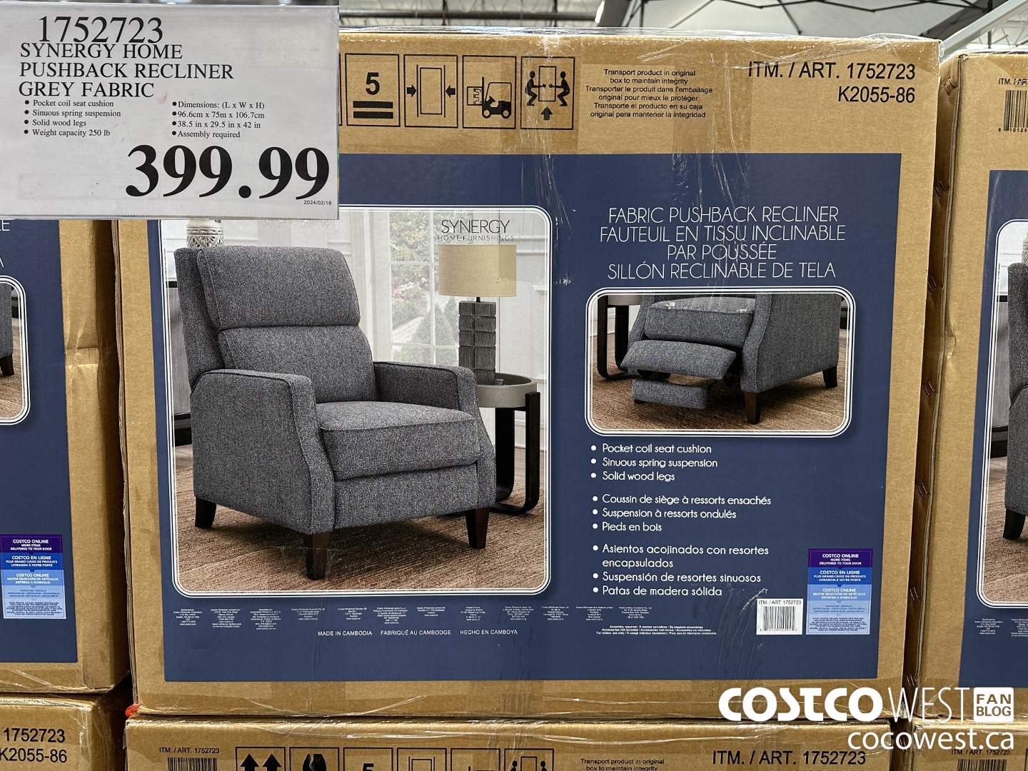 1752723 SYNERGY HOME PUSHBACK RECLINER GREY FABRIC $399.99
