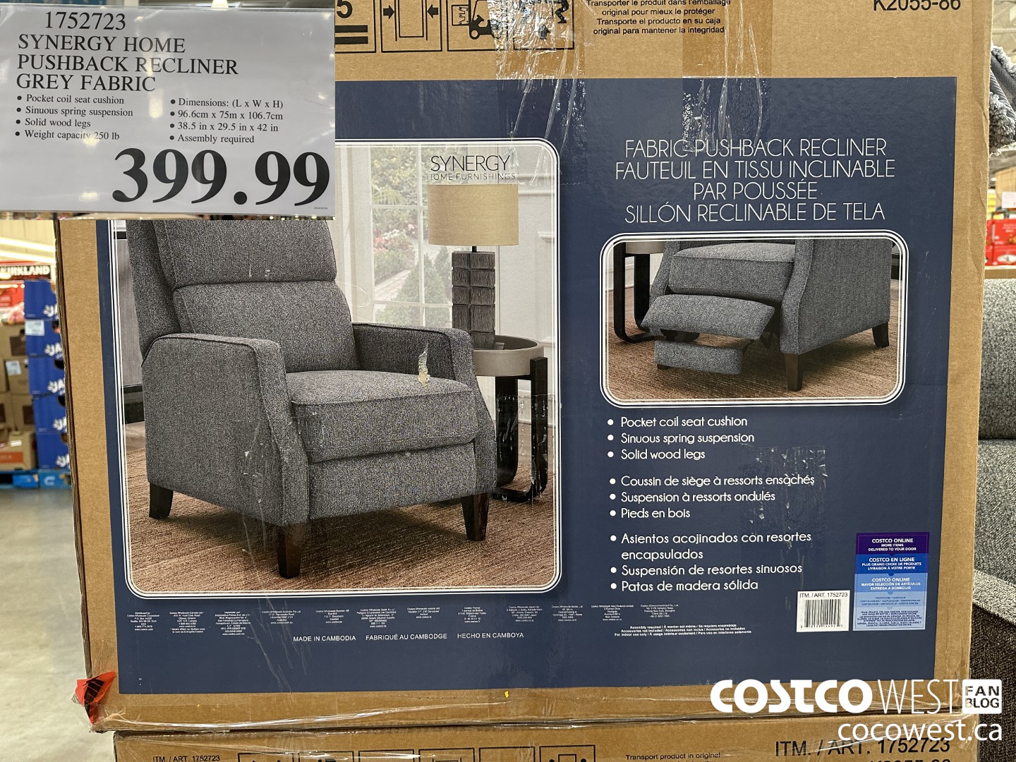 1752723 SYNERGY HOME PUSHBACK RECLINER GREY FABRIC $399.99