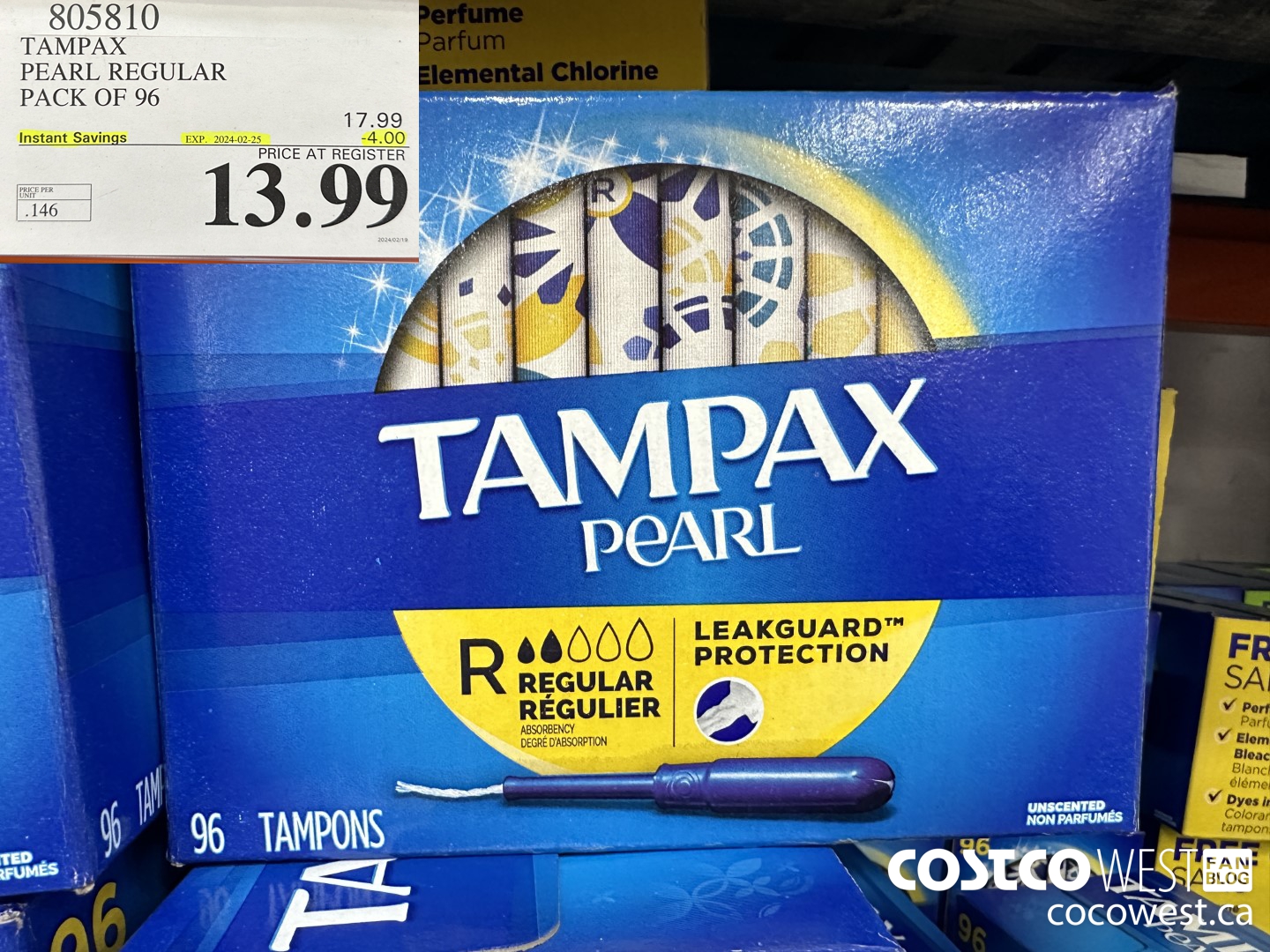 805810 TAMPAX PEARL REGULAR PACK OF 96 ($4.00 INSTANT SAVINGS EXPIRES ON 2024-02-25) $13.99