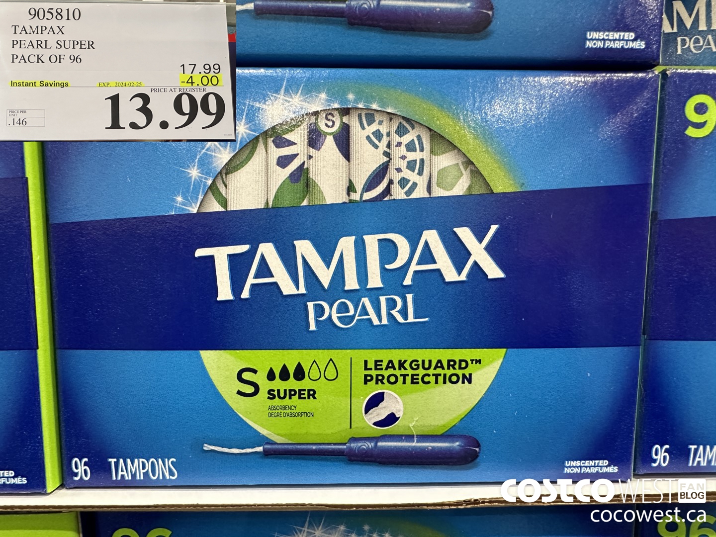 905810 TAMPAX PEARL SUPER PACK OF 96 ($4.00 INSTANT SAVINGS EXPIRES ON 2024-02-25) $13.99