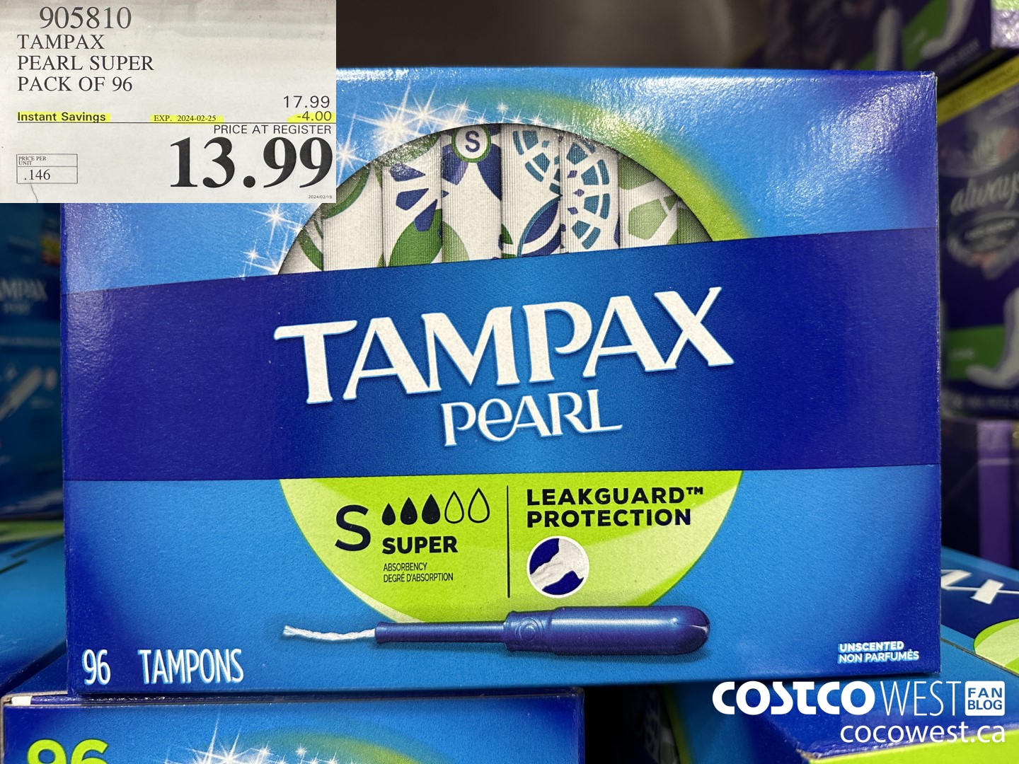 905810 TAMPAX PEARL SUPER PACK OF 96 ($4.00 INSTANT SAVINGS EXPIRES ON 2024-02-25) $13.99