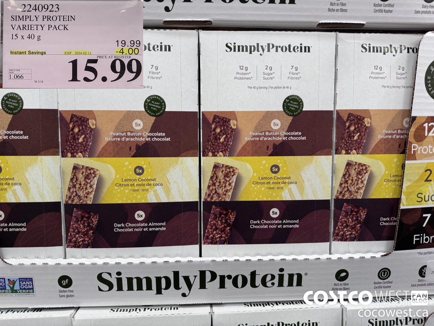 2240923 THE SIMPLY BAR PROTEIN BARS 15 x 40 g ($4.00 INSTANT SAVINGS EXPIRES ON 2024-02-11) $15.99
