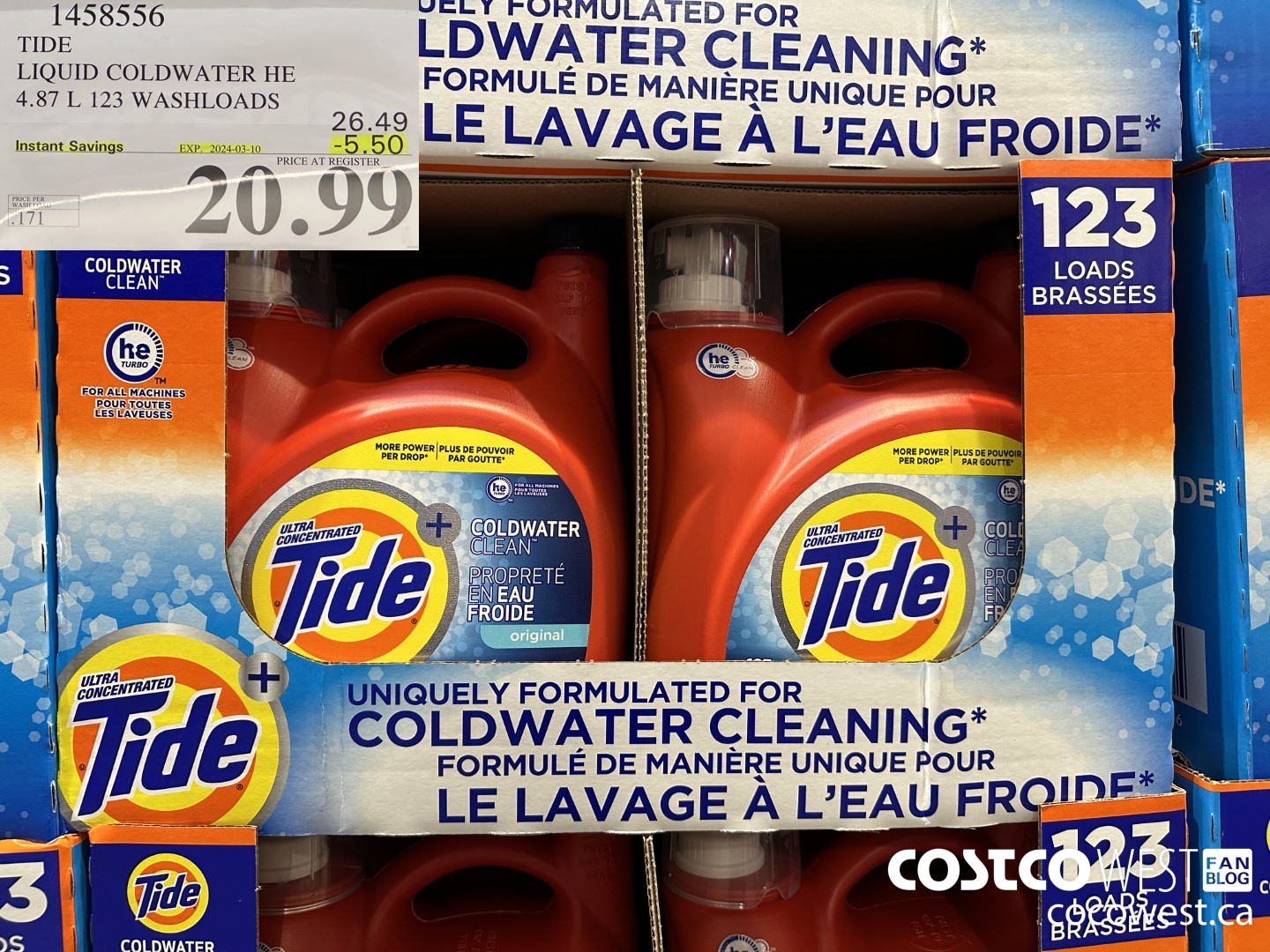 1458556 TIDE LIQUID COLDWATER HE 4.78 L 123 WASHLOADS  ($5.50 INSTANT SAVINGS EXPIRES ON 2024-03-10) $20.99