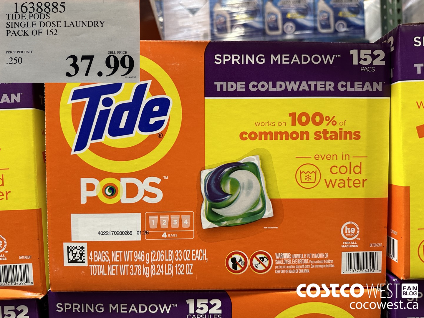 1638885 TIDE PODS SINGLE DOSE LAUNDRY 152 PACS $37.99