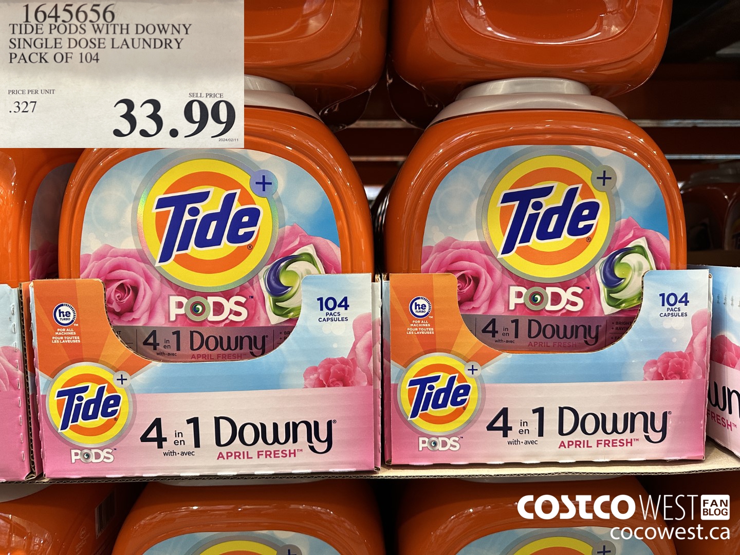 1645656 TIDE PODS WITH DOWNY SINGLE DOSE LAUNDRY 104 PACS $33.99