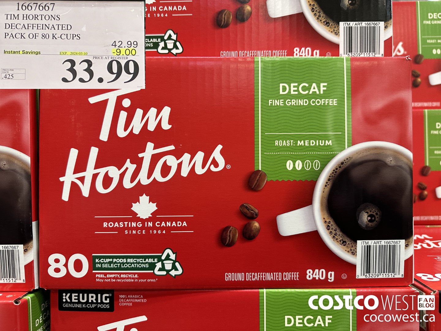1667667 TIM HORTONS DECAFFEINATED K-CUPS 80 COUNT ($9.00 INSTANT SAVINGS EXPIRES ON 2024-03-10) $33.99