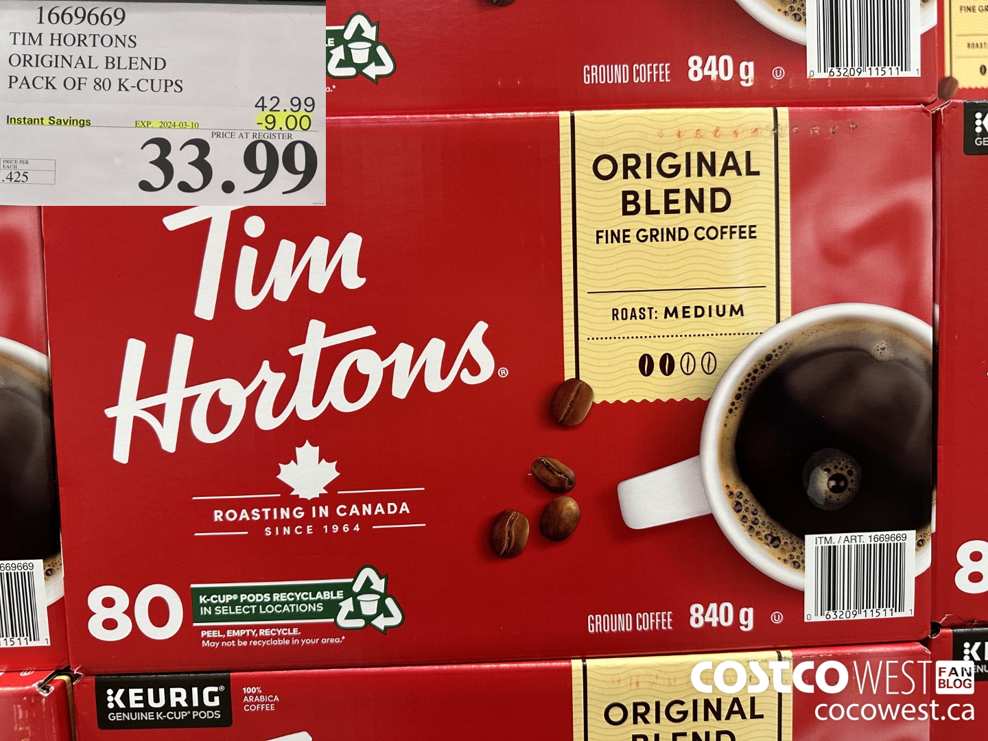 1669669 TIM HORTONS ORIGINAL BLEND K-CUPS 80 COUNT ($9.00 INSTANT SAVINGS EXPIRES ON 2024-03-10) $33.99