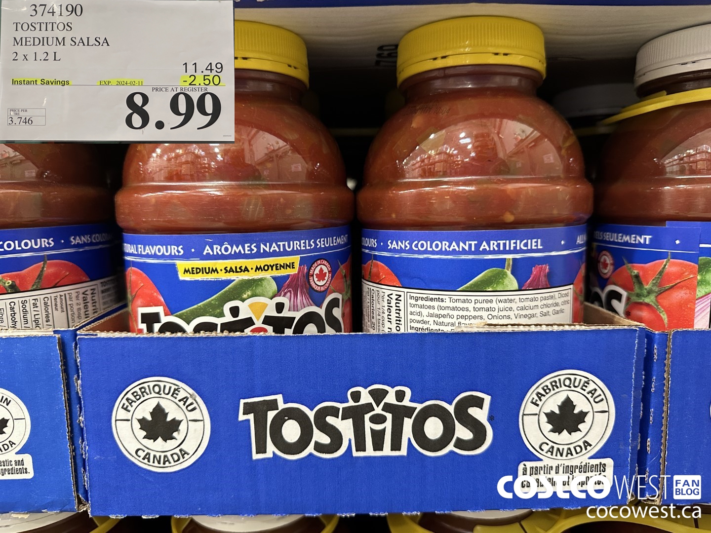 374190 TOSTITOS MEDIUM SALSA 2 X 1.2 L ($2.50 INSTANT SAVINGS EXPIRES ON 2024-02-11) $8.99