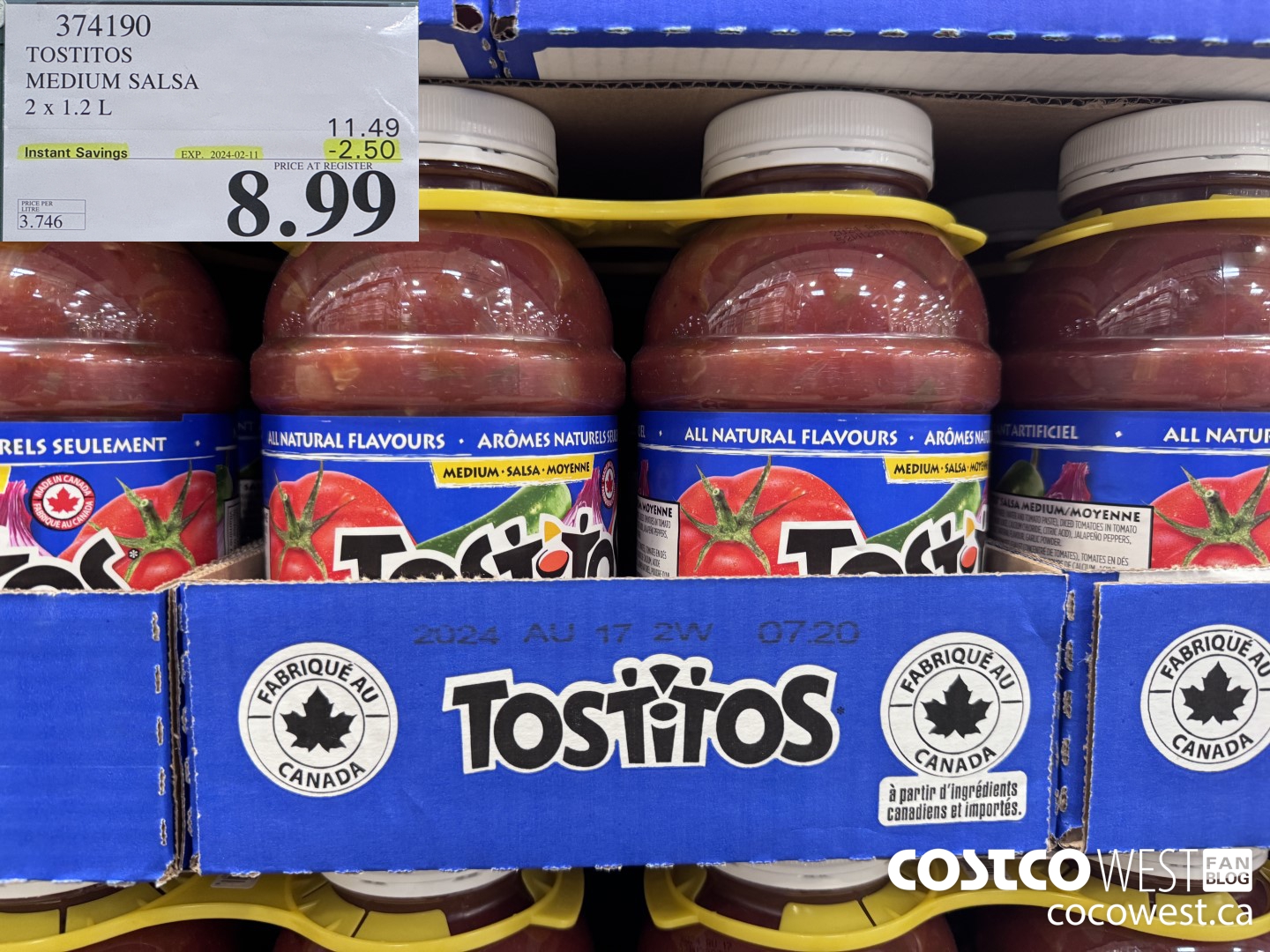 374190 TOSTITOS MEDIUM SALSA 2 X 1.2 L ($2.50 INSTANT SAVINGS EXPIRES ON 2024-02-11) $8.99