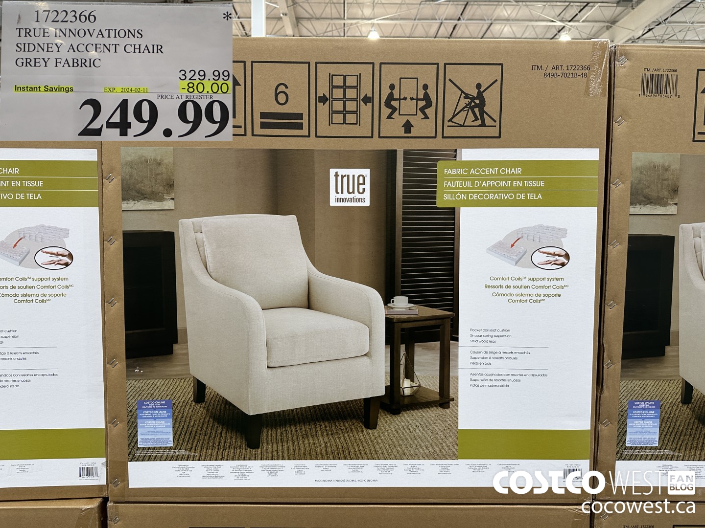 1722366 TRUE INNOVATIONS SIDNEY ACCENT CHAIR GREY FABRIC ($80.00 INSTANT SAVINGS EXPIRES ON 2024-02-11) $249.99