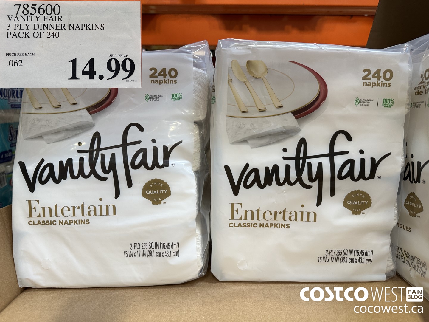 785600 VANITY FAIR 3 PLY DINNER NAPKINS PACK OF 240 $14.99