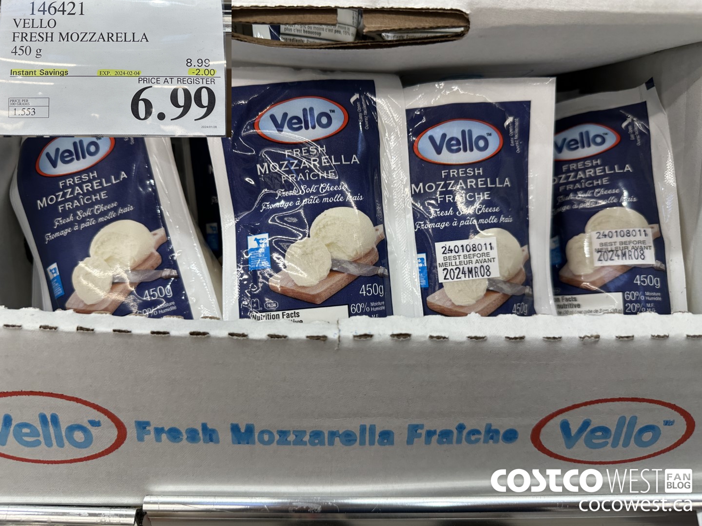 146421 VELLO FRESH MOZZARELLA 450 G ($2.00 INSTANT SAVINGS EXPIRES ON 2024-02-04) $6.99