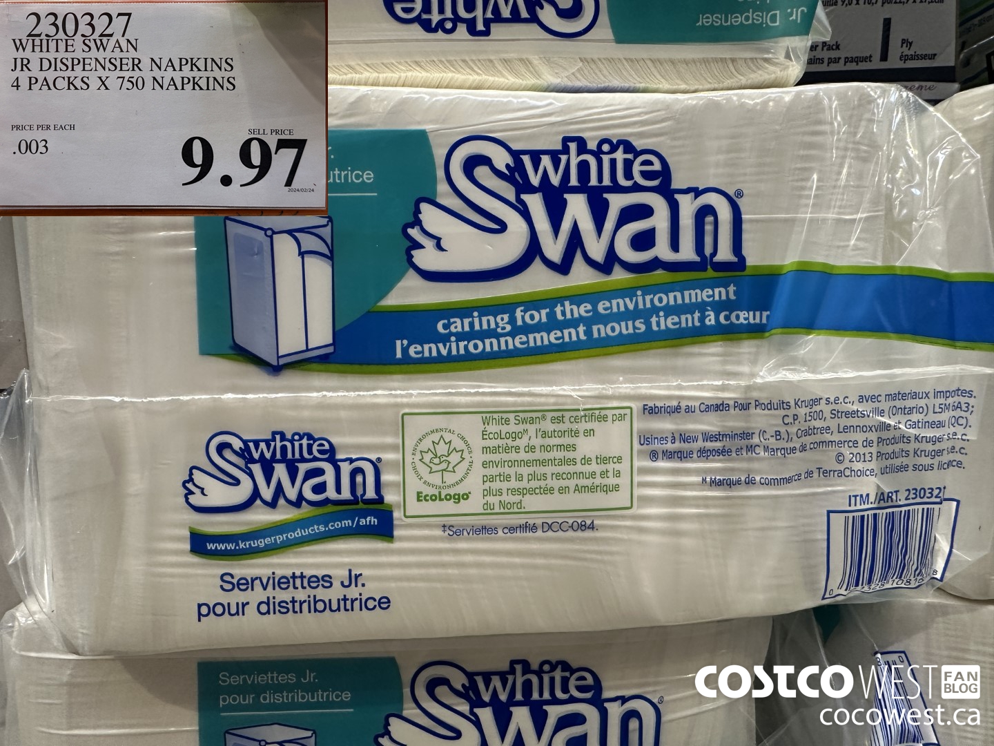 230327 WHITE SWAN JR DISPENSER NAPKINS 4 PACKS X 750 NAPKINS $9.97