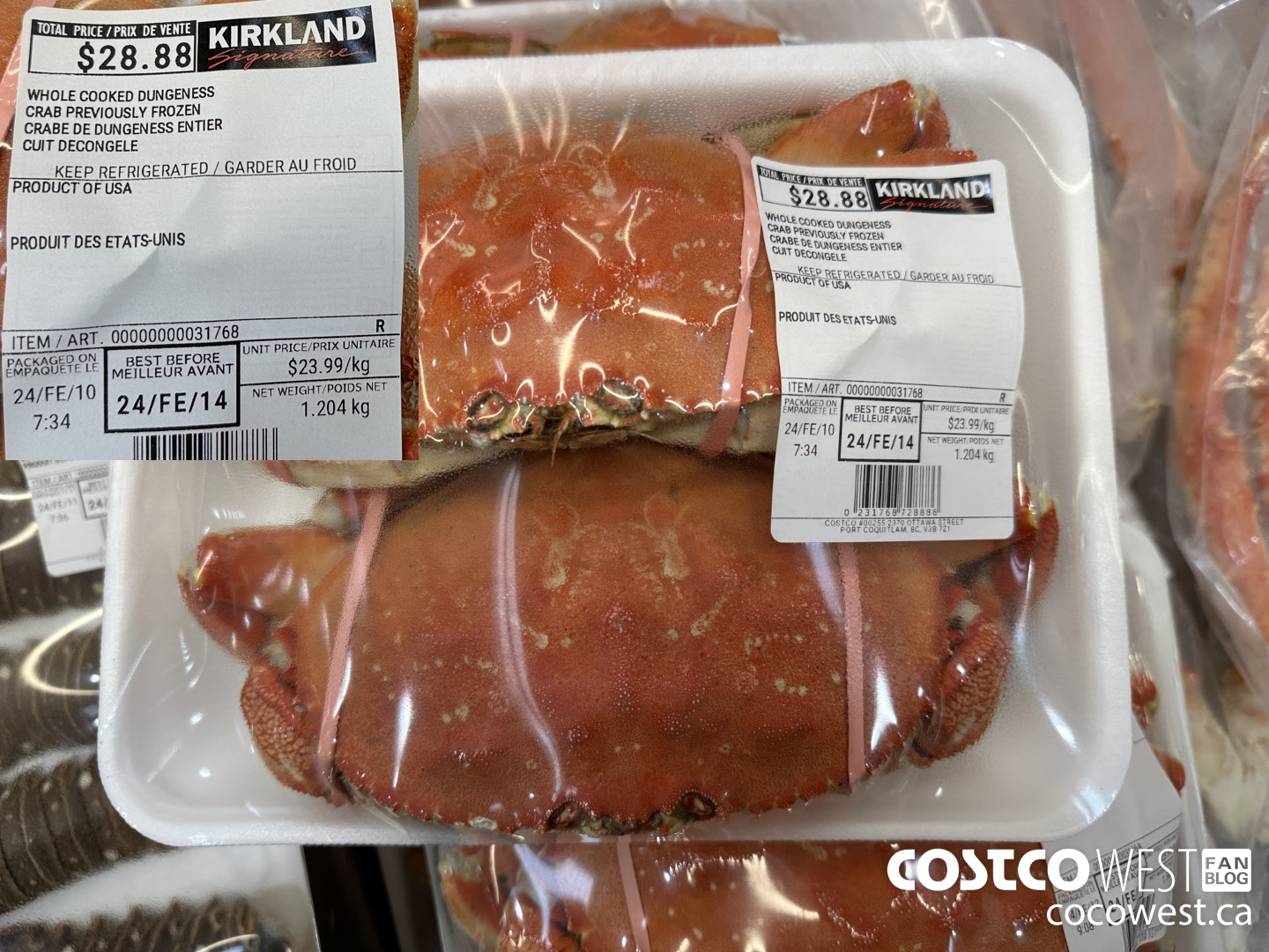 31768 WHOLE COOKED DUNGENESS CRAB PREVIOUSLY FROZEN $23.99