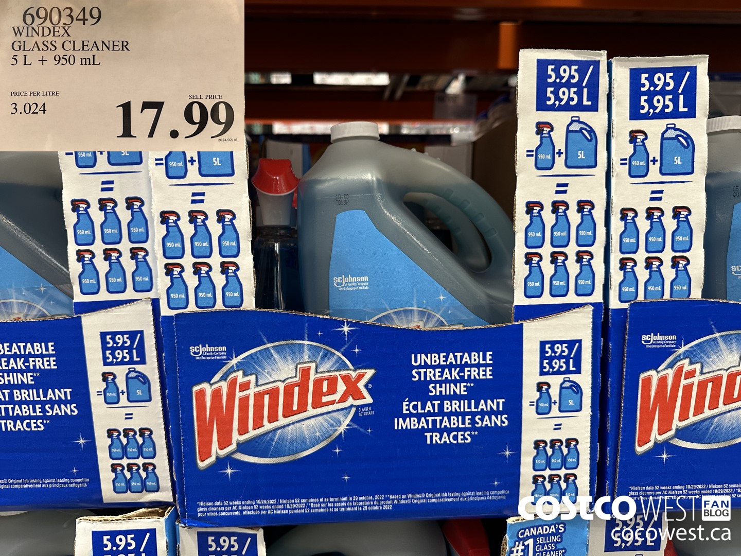 690349 WINDEX GLASS CLEANER 5L + 950ML $17.99