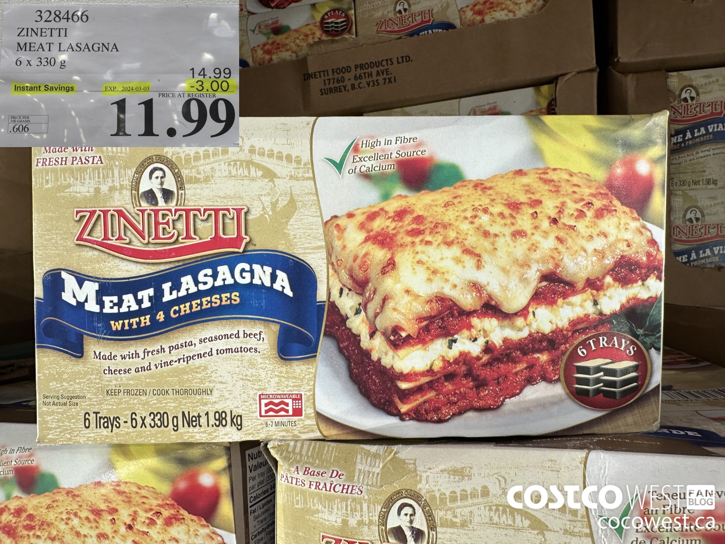 328466 ZINETTI MEAT LASAGNA 6 x 330 g ($3.00 INSTANT SAVINGS EXPIRES ON 2024-03-03) $11.99