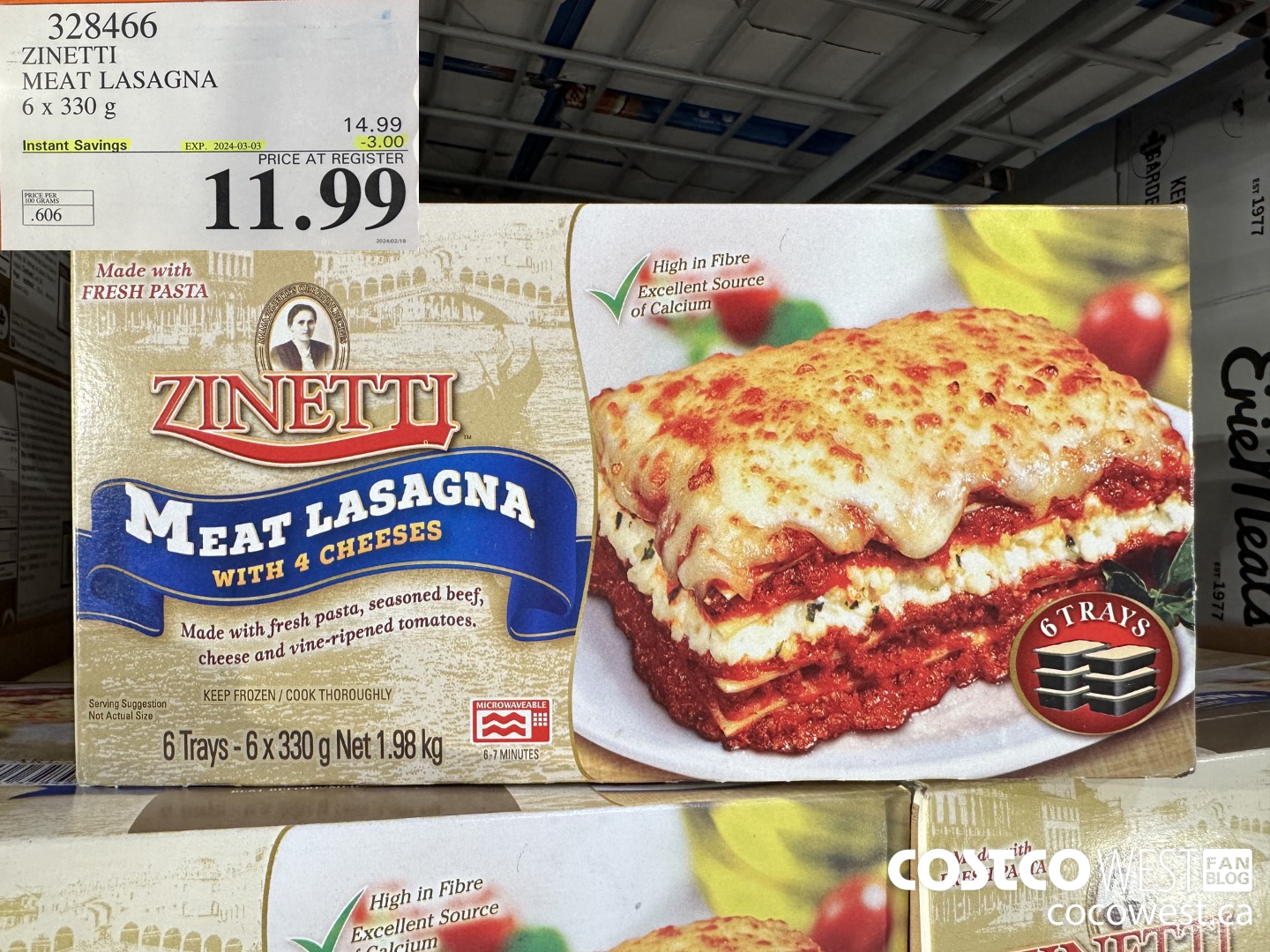 328466 ZINETTI MEAT LASAGNA 6 x 330 g ($3.00 INSTANT SAVINGS EXPIRES ON 2024-03-03) $11.99
