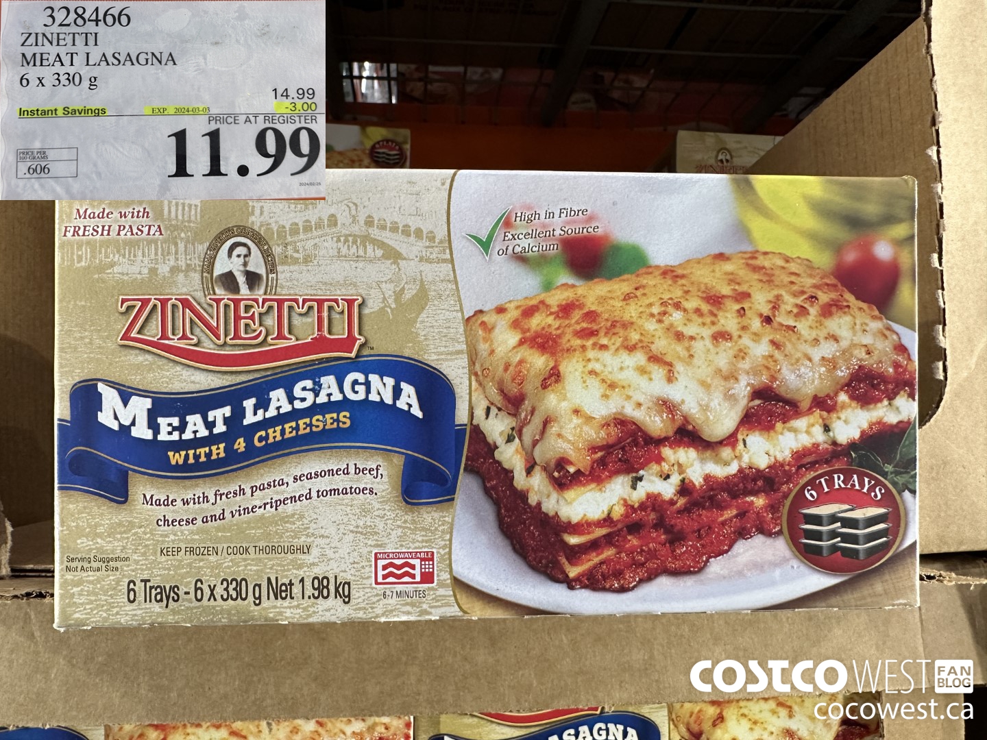 328466 ZINETTI MEAT LASAGNA 6 x 330 g ($3.00 INSTANT SAVINGS EXPIRES ON 2024-03-03) $11.99