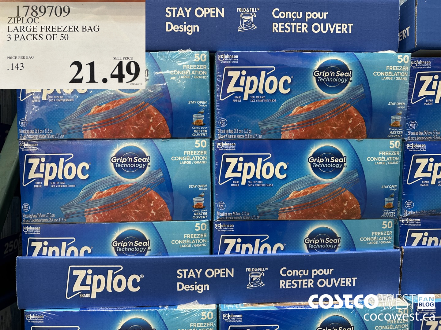 1789709 ZIPLOC LARGE FREEZER BAG 3 X 50 $21.49