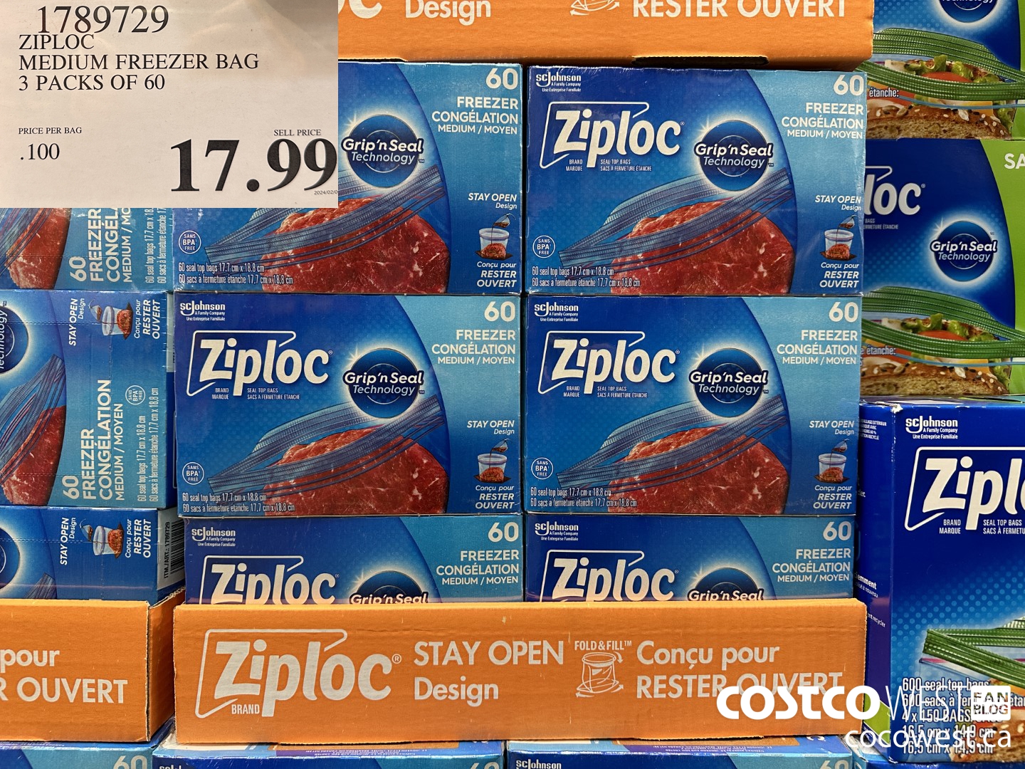 1789729 ZIPLOC MEDIUM FREEZER BAG 3 x 60 $17.99