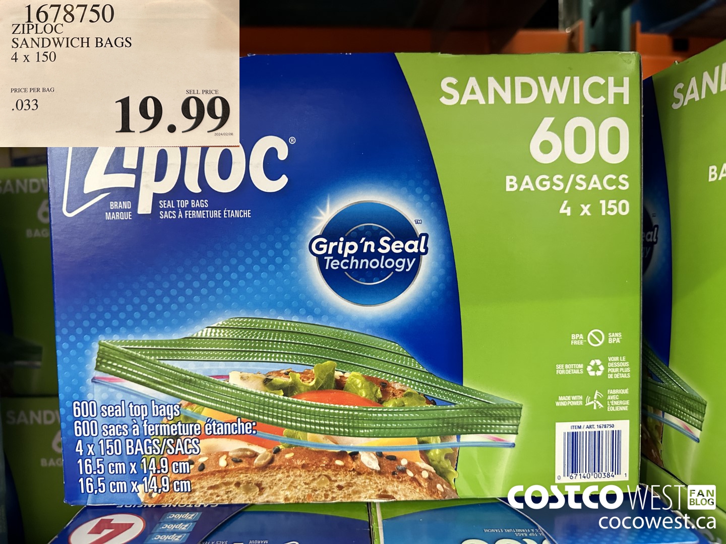 1678750 ZIPLOC SANDWICH BAGS 4 X 150 $19.99