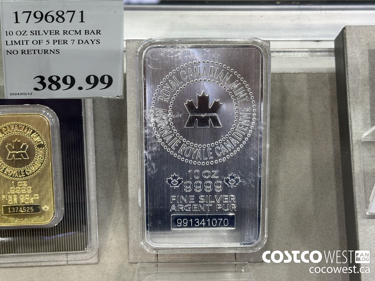 1796871 10 OZ SILVER RCM BAR LIMIT OF 5 PER 7 DAYS NO RETURNS $389.99