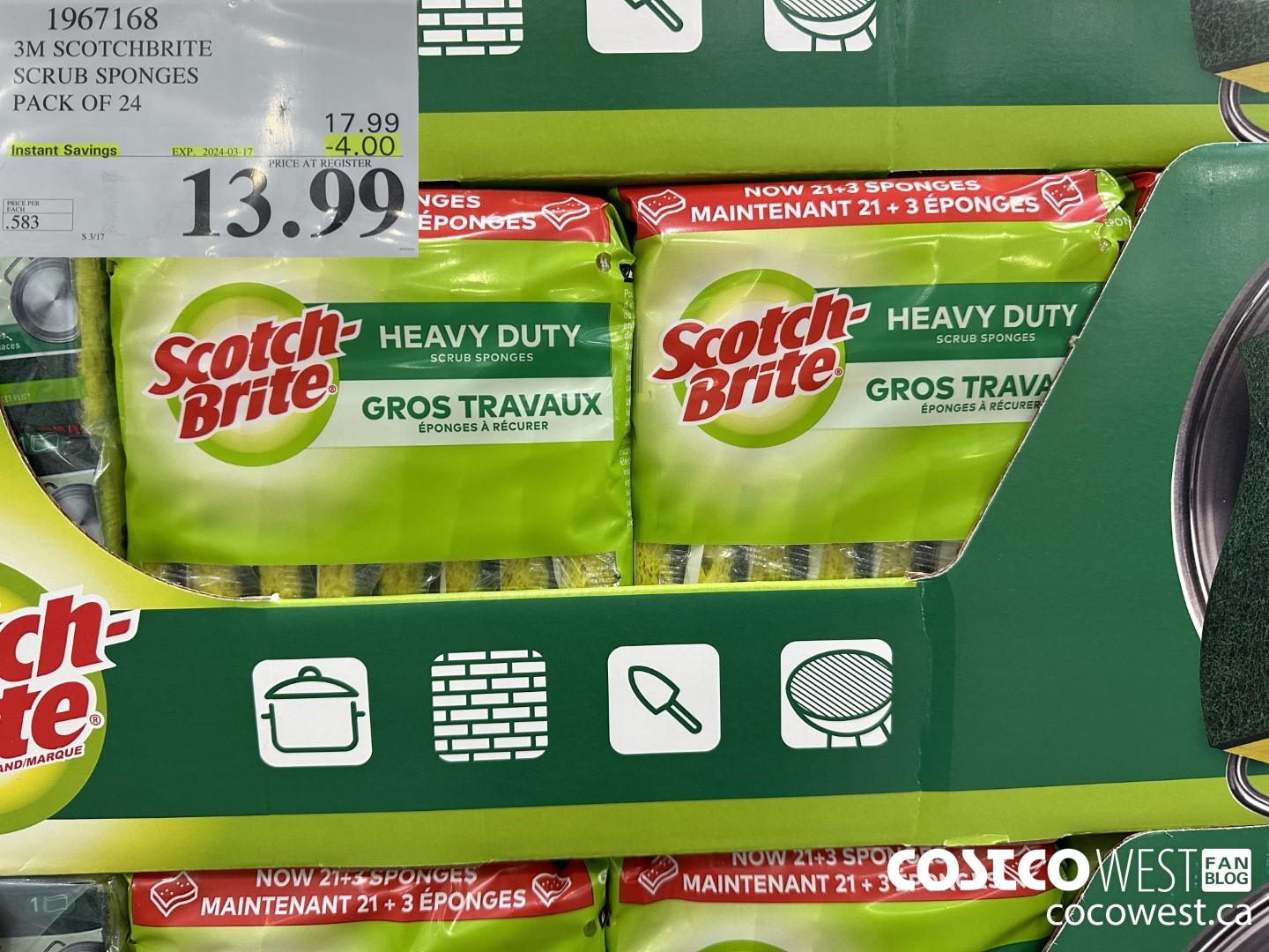 1967168 3M SCOTCHBRITE SCRUB SPONGES PACK OF 24 ($4.00 INSTANT SAVINGS EXPIRES ON 2024-03-17) $13.99
