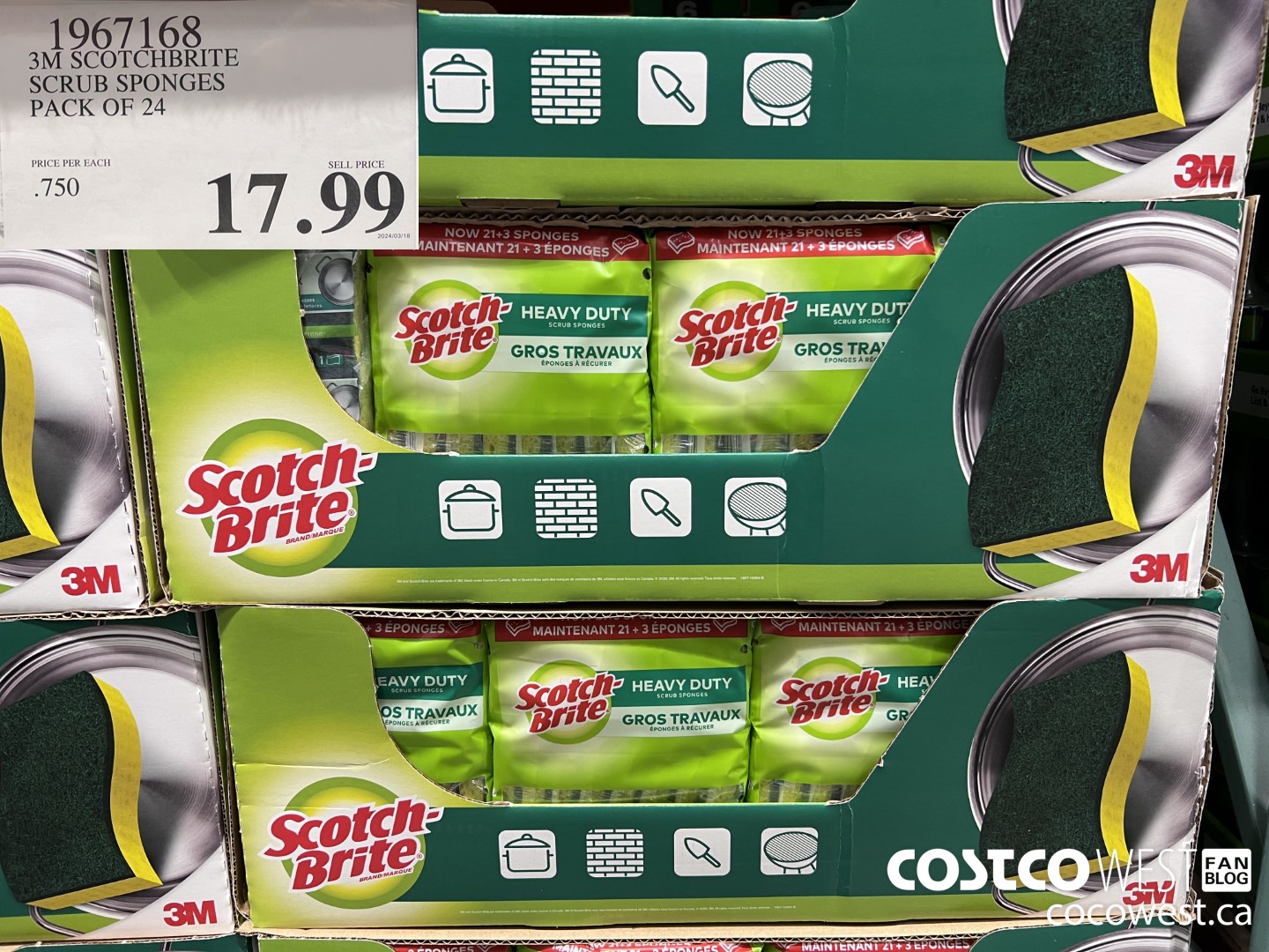 1967168 3M SCOTCHBRITE SCRUB SPONGES PACK OF 24 $17.99