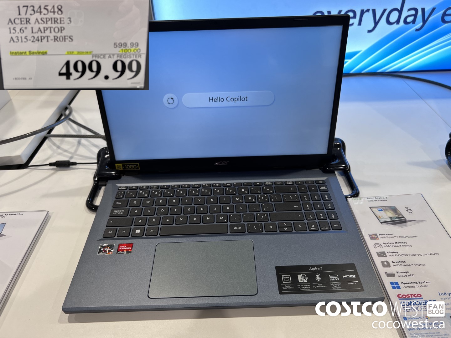 1734548 ACER ASPIRE 3 15.6IN LAPTOP A315-24PT-R0FS ($100.00 INSTANT SAVINGS EXPIRES ON 2024-04-07) $499.99