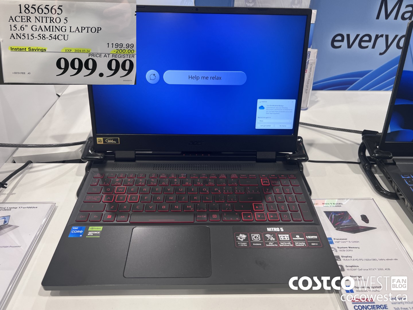 1856565 ACER NITRO 5 15.6-IN GAMING LAPTOP AN515-58-54CU ($200.00 INSTANT SAVINGS EXPIRES ON 2024-03-24) $999.99