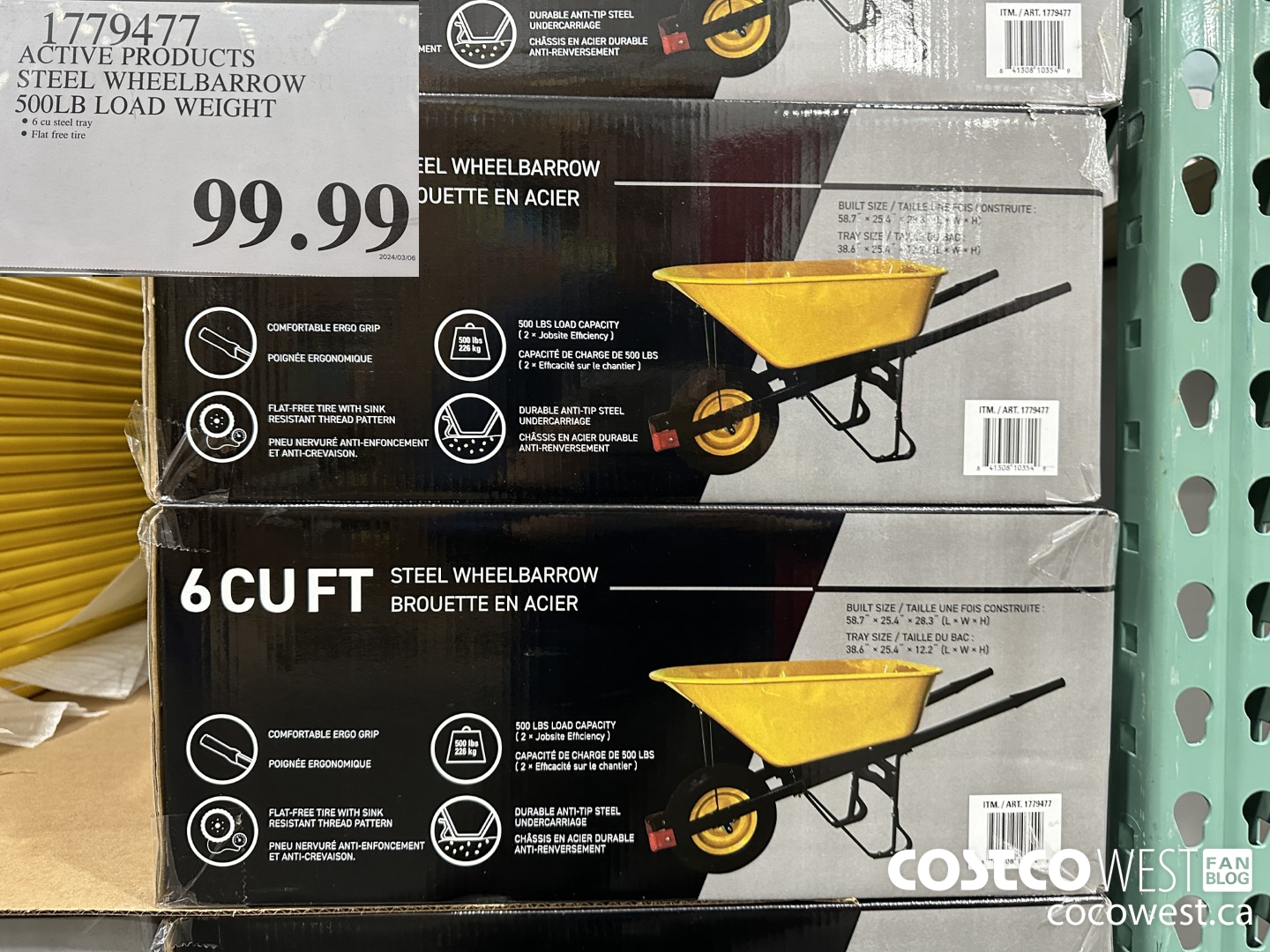 1779477 ACTIVE PRODUCTS STEEL WHEELBARROW 500LB LOAD WEIGHT $99.99