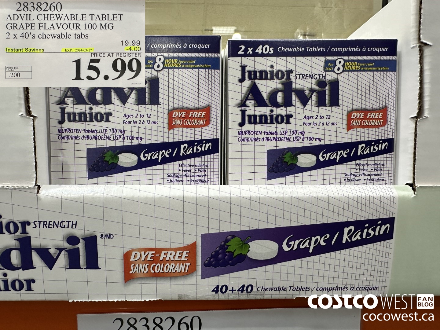 2838260 ADVIL CHEWABLE TABLET GRAPE FLAVOUR 100 MG 2 X 40'S CHEWABLE TABS ($4.00 INSTANT SAVINGS EXPIRES ON 2024-03-17) $15.99