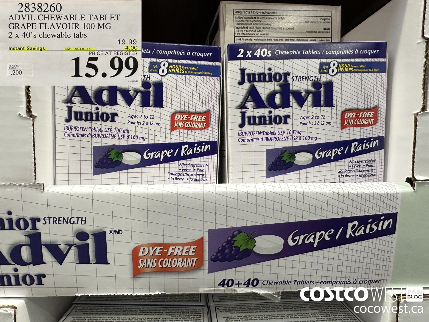 2838260 ADVIL CHEWABLE TABLET GRAPE FLAVOUR 100 MG 2 X 40'S CHEWABLE TABS ($4.00 INSTANT SAVINGS EXPIRES ON 2024-03-17) $15.99