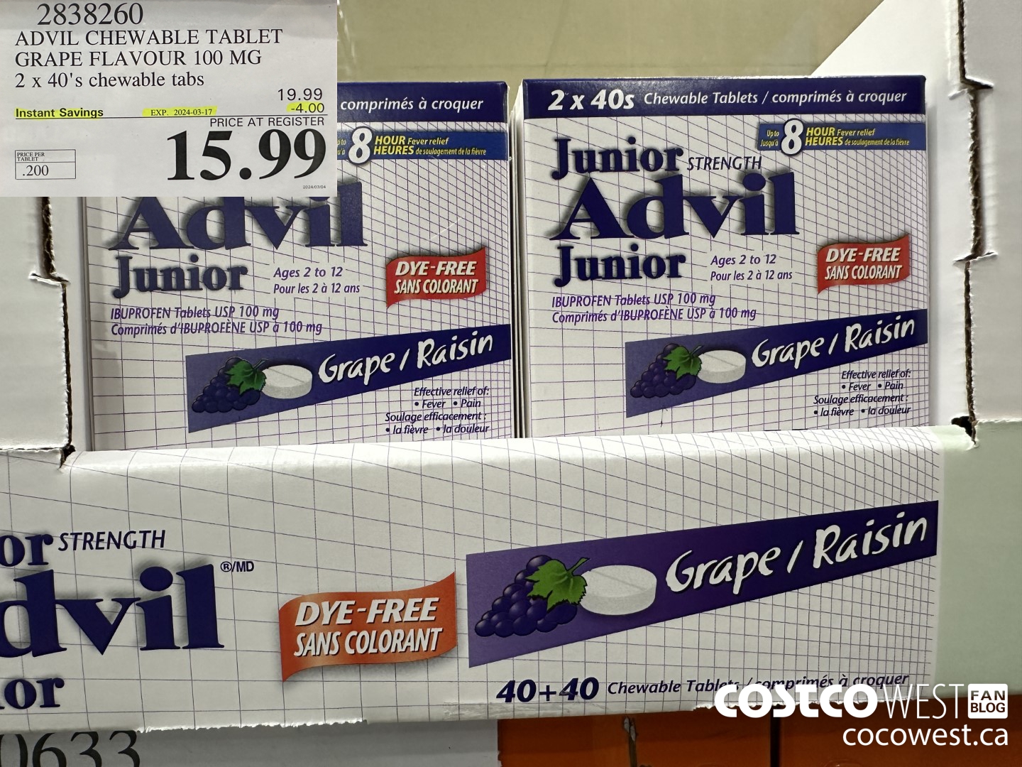 2838260 ADVIL CHEWABLE TABLET GRAPE FLAVOUR 100 MG 2 X 40'S CHEWABLE TABS ($4.00 INSTANT SAVINGS EXPIRES ON 2024-03-17) $15.99