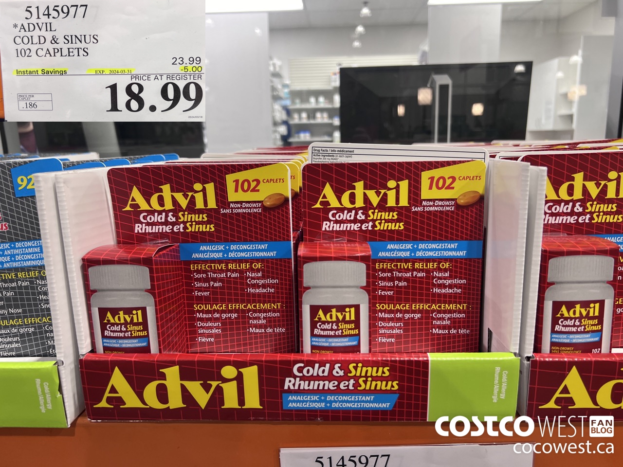 5145977 ADVIL COLD & SINUS 102 CAPLETS 2024-03031 ($5.00 INSTANT SAVINGS) $18.99