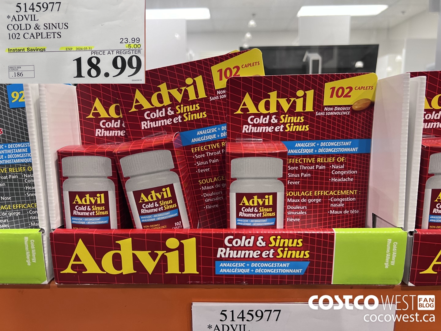 5145977 ADVIL COLD & SINUS 102 CAPLETS ($5.00 INSTANT SAVINGS EXPIRES ON 2024-03-31) $18.99