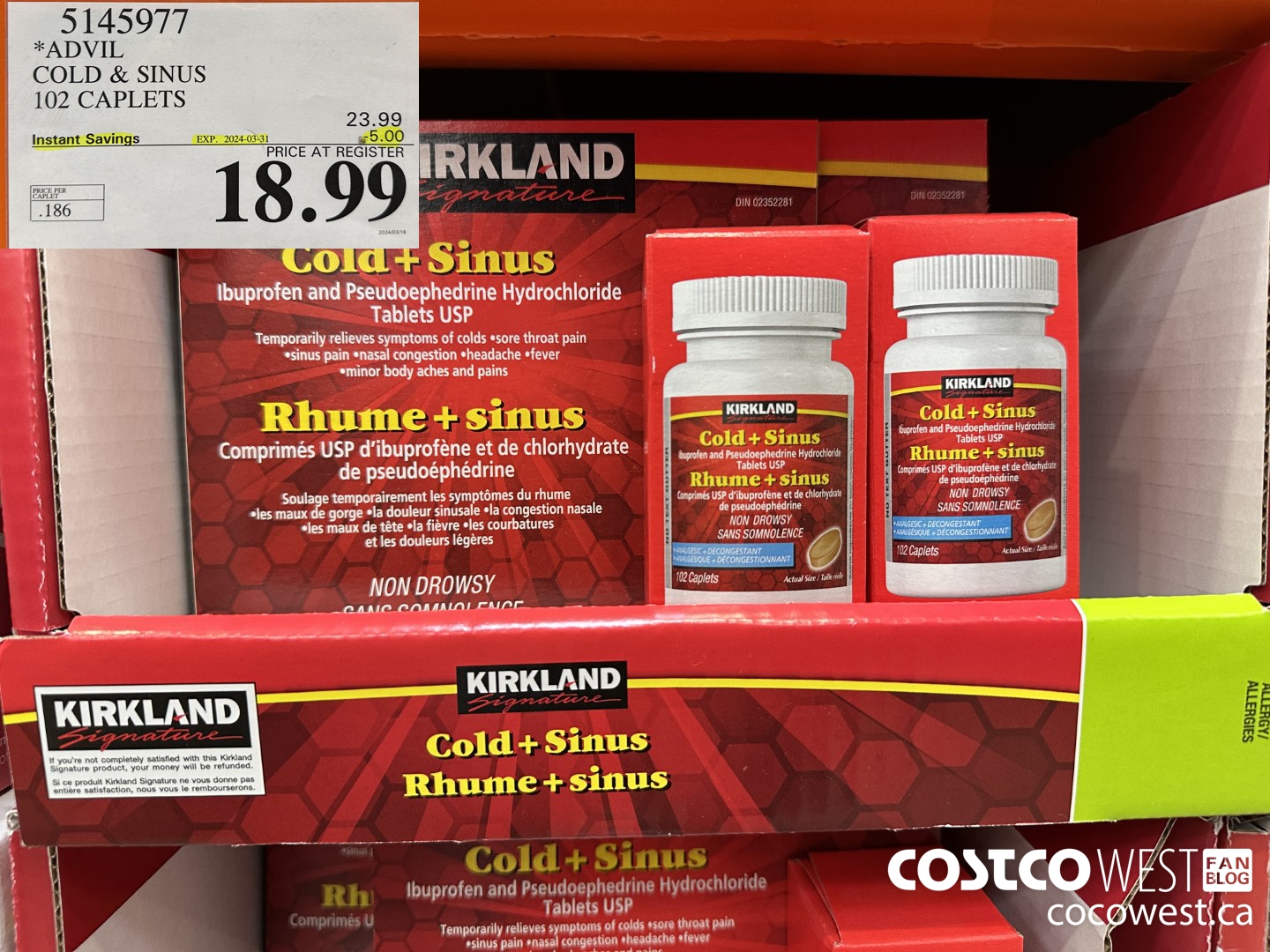 5145977 ADVIL COLD & SINUS 102 CAPLETS ($5.00 INSTANT SAVINGS EXPIRES ON 2024-03-31) $18.99