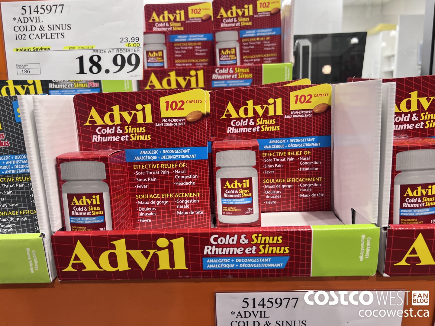5145977 ADVIL COLD & SINUS 102 CAPLETS ($5.00 INSTANT SAVINGS EXPIRES ON 2024-03-31) $18.99