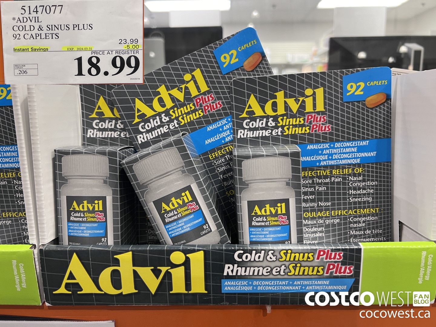 5147077 ADVIL COLD & SINUS PLUS 92 CAPLETS ($5.00 INSTANT SAVINGS EXPIRES ON 2024-03-31) $18.99