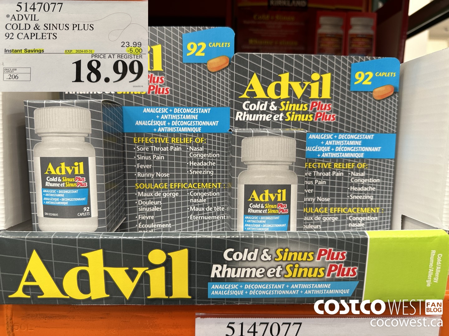 5147077 ADVIL COLD & SINUS PLUS 92 CAPLETS ($5.00 INSTANT SAVINGS EXPIRES ON 2024-03-31) $18.99