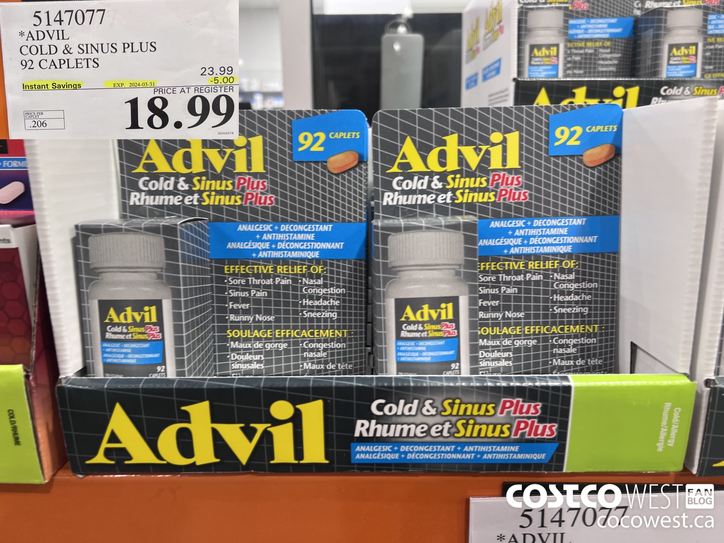 5147077 ADVIL COLD & SINUS PLUS 92 CAPLETS ($5.00 INSTANT SAVINGS EXPIRES ON 2024-03-31) $18.99