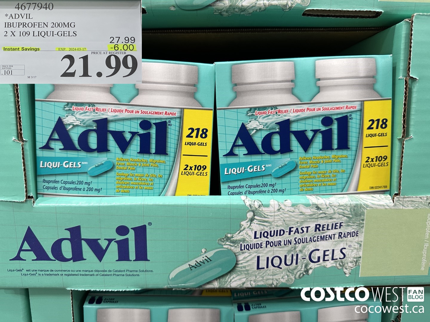 4677940 ADVIL IBUPROFEN 200MG 2 X 109 LIQUI-GELS ($6.00 INSTANT SAVINGS EXPIRES ON 2024-03-17) $21.99