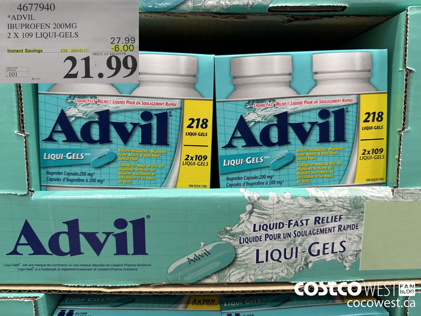 4677940 ADVIL IBUPROFEN 200MG 2 X 109 LIQUI-GELS ($6.00 INSTANT SAVINGS EXPIRES ON 2024-03-17) $21.99