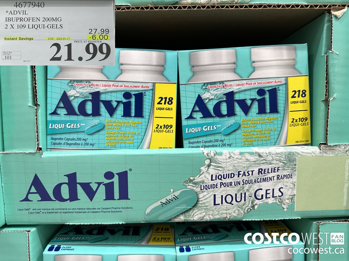 4677940 ADVIL IBUPROFEN 200MG 2 X 109 LIQUI-GELS ($6.00 INSTANT SAVINGS EXPIRES ON 2024-03-17) $21.99