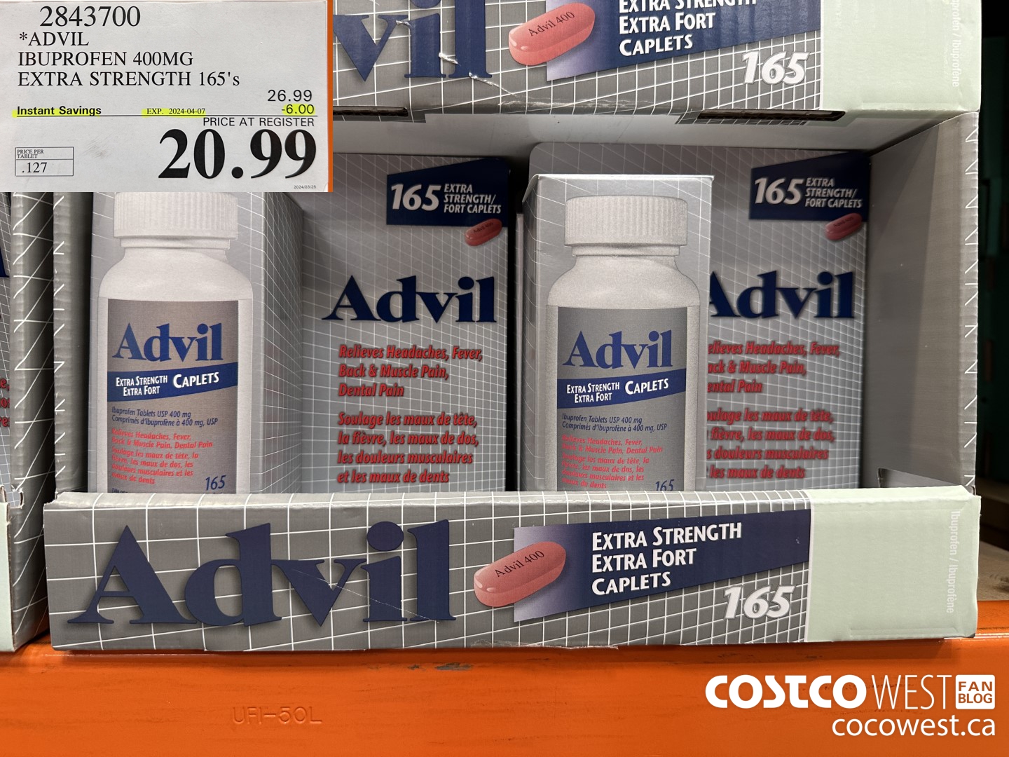 2843700 ADVIL IBUPROFEN 400MG EXTRA STRENGTH 165'S ($6.00 INSTANT SAVINGS EXPIRES ON 2024-04-07) $20.99