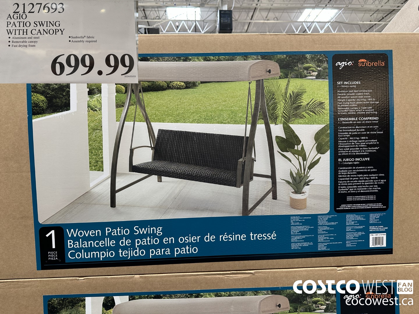 2127693 AGIO PATIO SWING WITH CANOPY $699.99