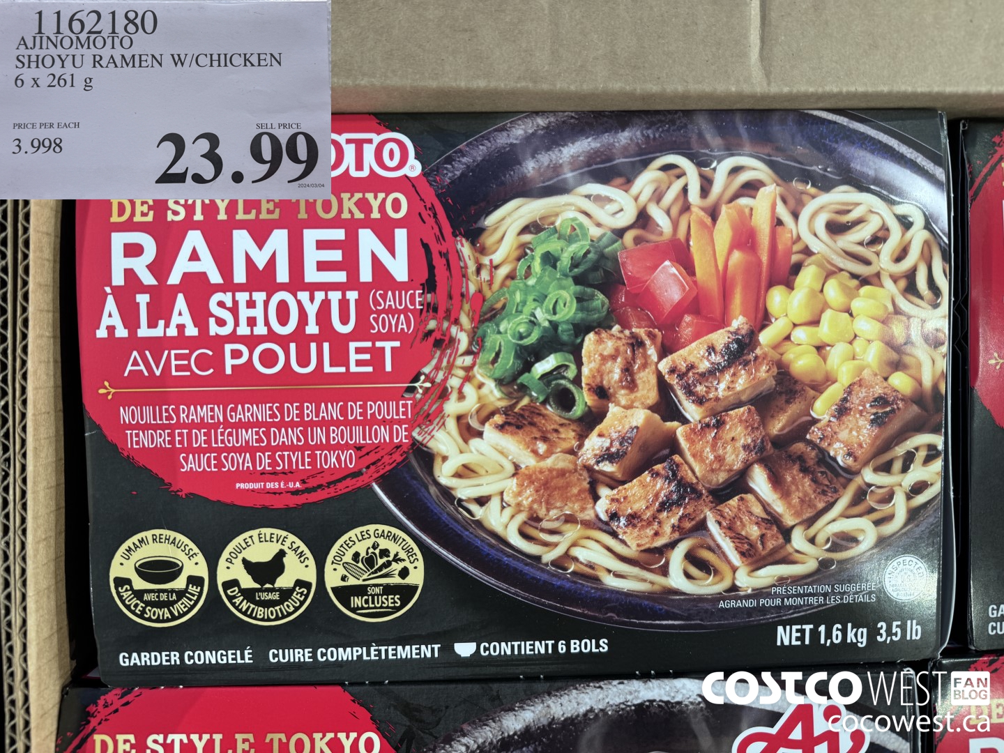 1162180 AJINOMOTO SHOYU RAMEN W/CHICKEN 6 x 261 g $23.99
